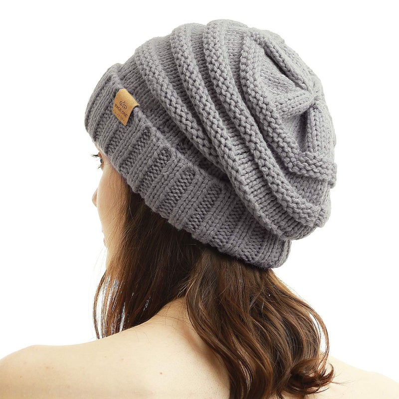 PAGE ONE Womens Winter Beanie Warm Cable Knit Hat Style Stretch Trendy Ribbed Chunky Cap Light Gray - Image 2
